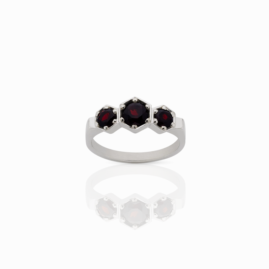Meadowlark 3 Hexagon Stone Ring - Sterling Silver & Thai Garnet
