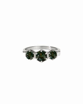 Meadowlark - 3 Hexagon Stone Ring Silver Green Sapphire