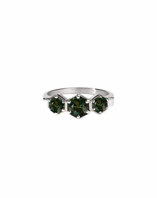 Meadowlark - 3 Hexagon Stone Ring Silver Green Sapphire