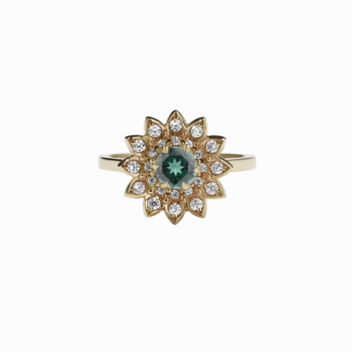 Meadowlark Dahlia Engagement Ring - 9ct Yellow Gold, Green Sapphire & White Diamond