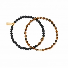 Men's Gold Black Lava & Tiger's Eye Set Of 2 Bracelets GBSETBLTEM
