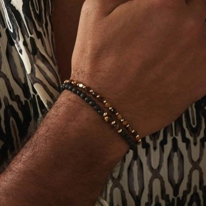 Men's Gold Black Lava & Tiger's Eye Set Of 2 Bracelets GBSETBLTEM