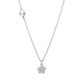 Mikimoto 18ct White Gold 5.5mm Akoya Pearl 0.13ct Diamond Flower Necklace