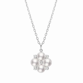 Mikimoto 18ct White Gold 5mm Akoya Pearl Diamond Floral Cluster Necklace