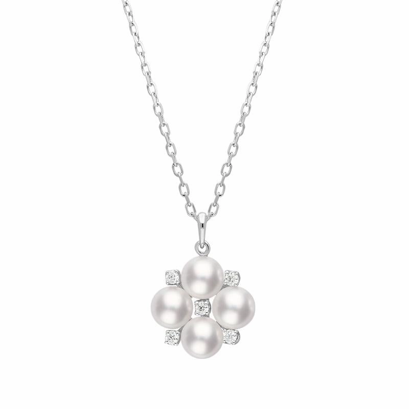 Mikimoto 18ct White Gold 5mm Akoya Pearl Diamond Floral Cluster Necklace