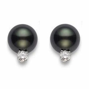 Mikimoto 18ct White Gold Diamond 10mm A  Black South Sea Pearl Stud Earrings