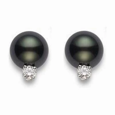 Mikimoto 18ct White Gold Diamond 10mm A  Black South Sea Pearl Stud Earrings