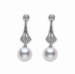 Mikimoto 18ct White Gold Diamond 7mm White Akoya Pearl Drop Earrings