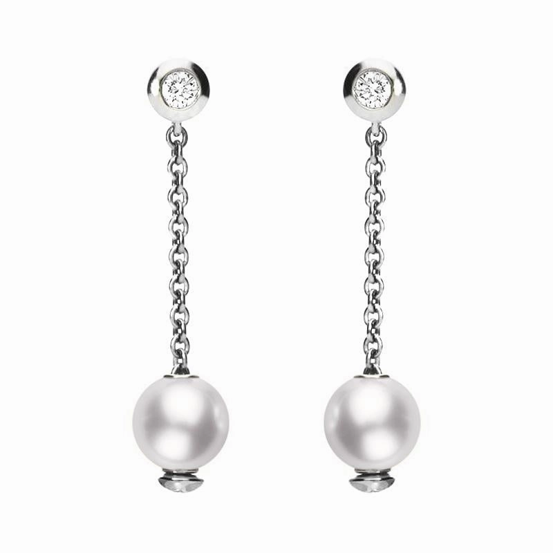 Mikimoto 18ct White Gold Diamond 7mm White Akoya Pearl Drop Earrings