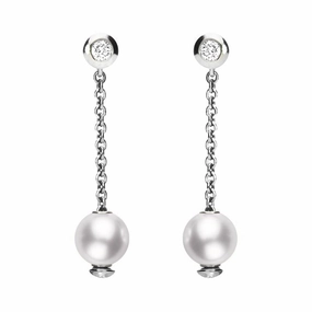 Mikimoto 18ct White Gold Diamond 7mm White Akoya Pearl Drop Earrings