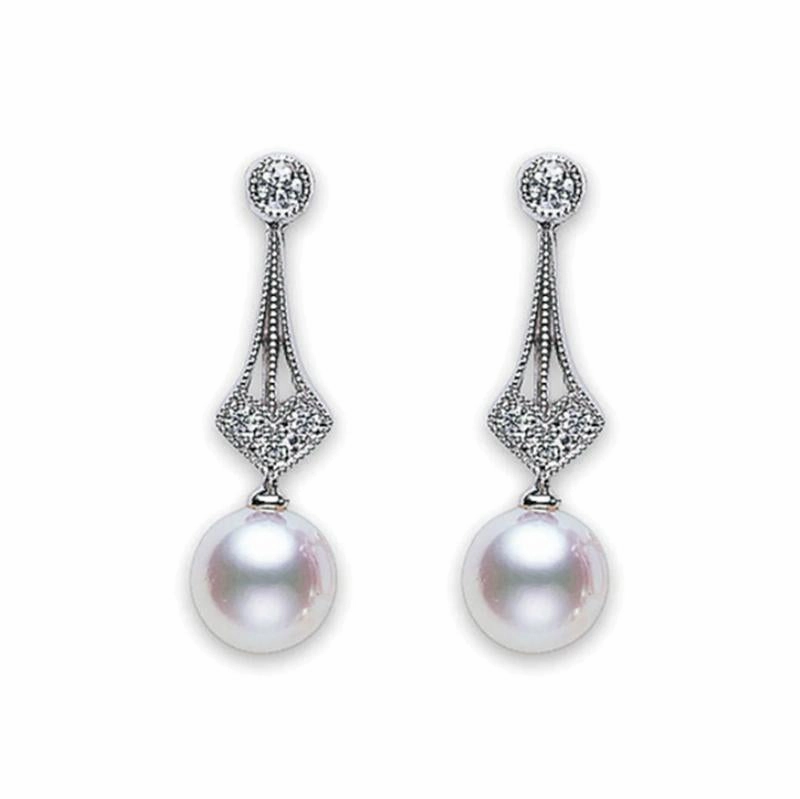 Mikimoto 18ct White Gold Diamond 7mm White Akoya Pearl Drop Earrings