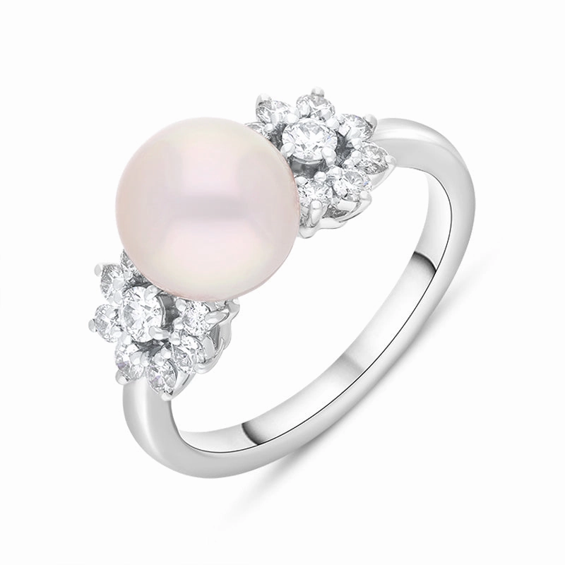 Mikimoto 18ct White Gold Diamond 8.5mm White Akoya Pearl Ring