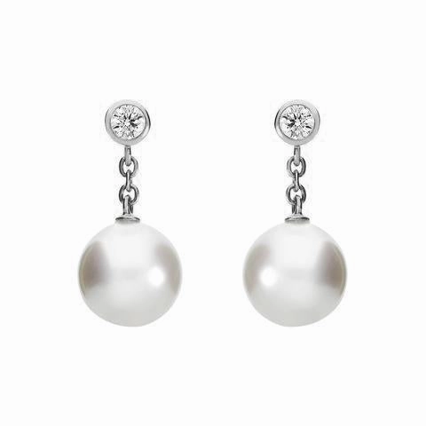 Mikimoto 18ct White Gold Diamond 8mm White A  Akoya Pearl Drop Earrings