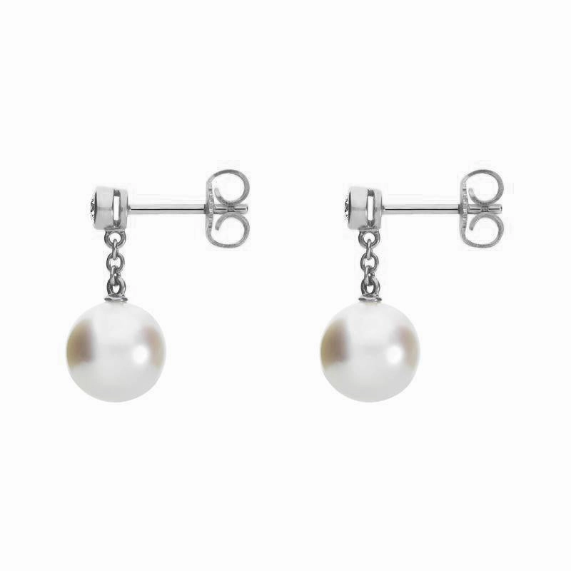 Mikimoto 18ct White Gold Diamond 8mm White A  Akoya Pearl Drop Earrings
