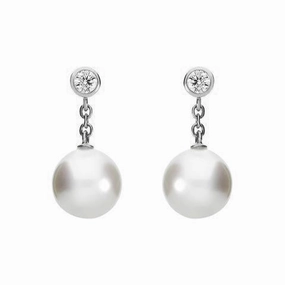 Mikimoto 18ct White Gold Diamond 8mm White A  Akoya Pearl Drop Earrings