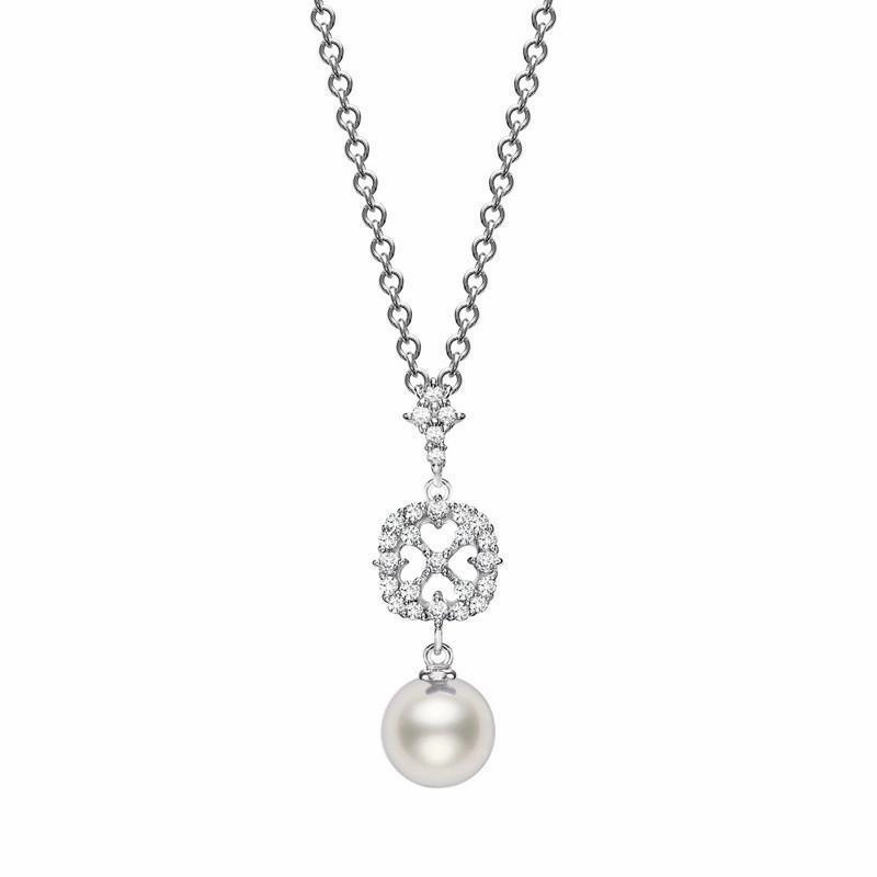 Mikimoto 18ct White Gold Diamond 8mm White A  Akoya Pearl Necklace