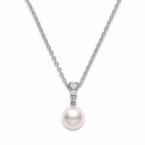Mikimoto 18ct White Gold Diamond 8mm White Akoya Pearl Necklace