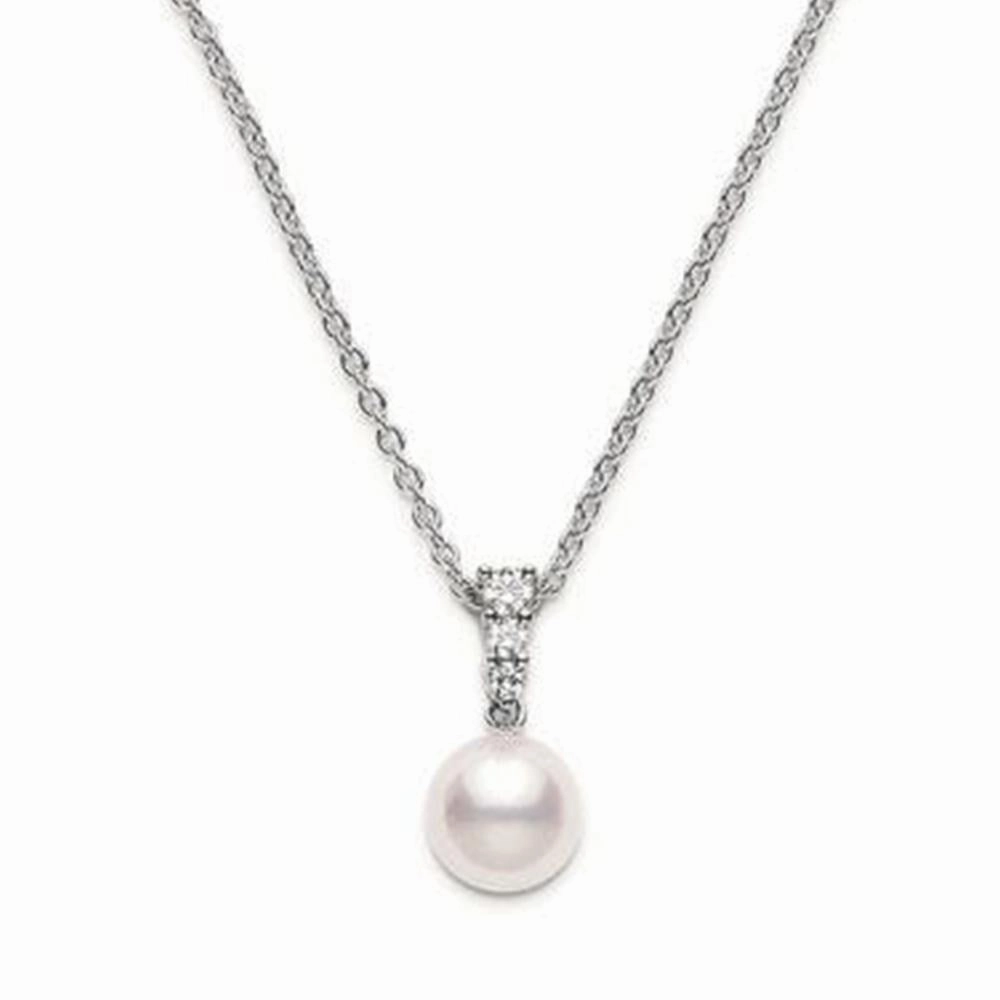 Mikimoto 18ct White Gold Diamond 8mm White Akoya Pearl Necklace