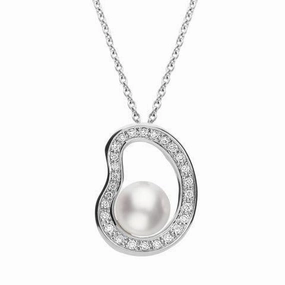 Mikimoto 18ct White Gold Diamond 8mm White Akoya Pearl Necklace