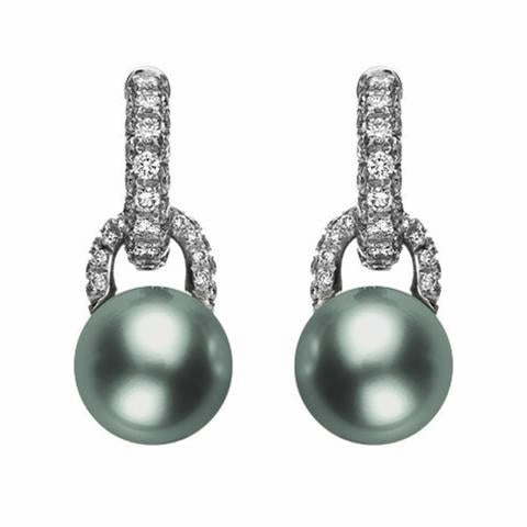 Mikimoto 18ct White Gold Diamond Black South Sea Pearl Drop Earrings
