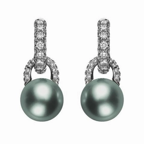 Mikimoto 18ct White Gold Diamond Black South Sea Pearl Drop Earrings