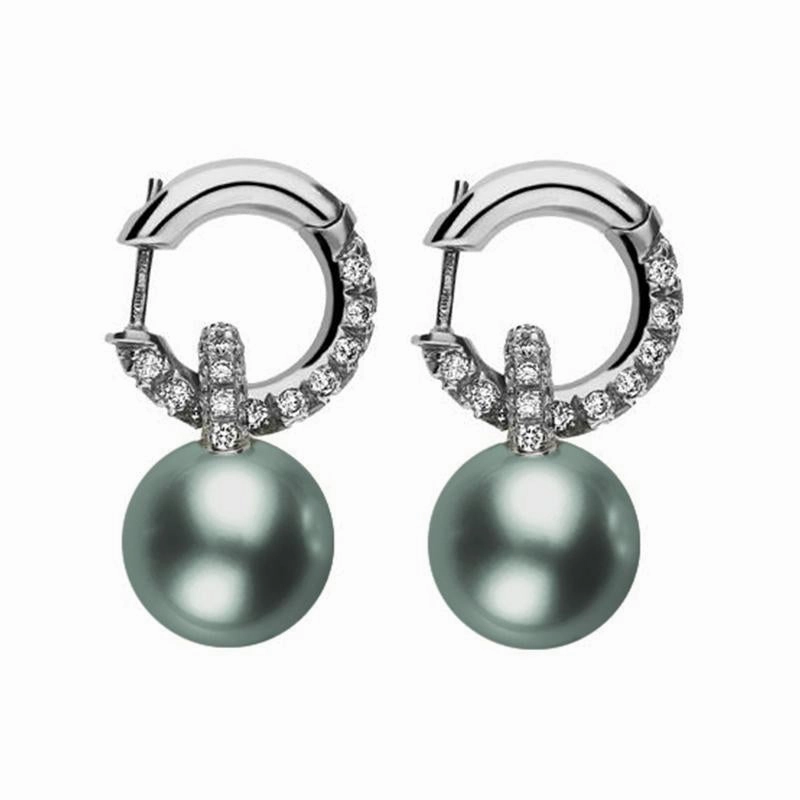 Mikimoto 18ct White Gold Diamond Black South Sea Pearl Drop Earrings