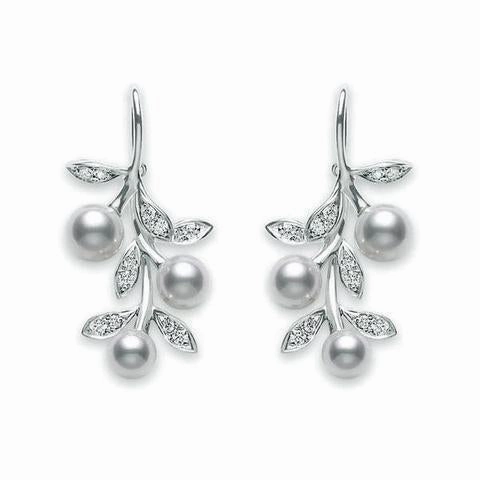 Mikimoto 18ct White Gold Diamond White Akoya Pearl Floral Drop Earrings
