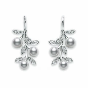Mikimoto 18ct White Gold Diamond White Akoya Pearl Floral Drop Earrings