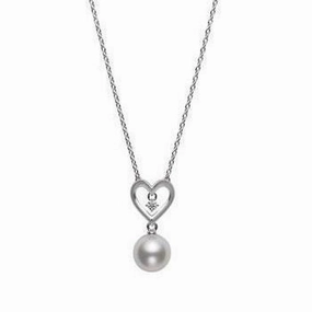 Mikimoto 18ct White Gold Diamond White Akoya Pearl Heart Necklace