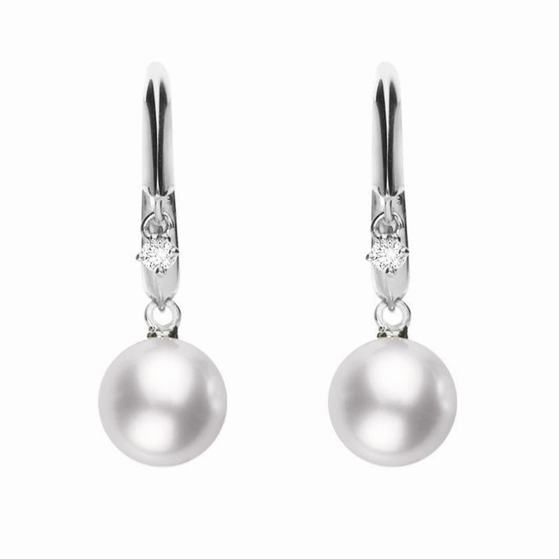 Mikimoto 18ct White Gold Diamond White Akoya Pearl Hook Earrings