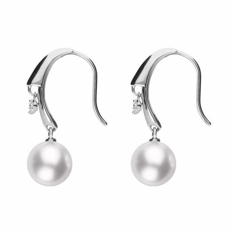 Mikimoto 18ct White Gold Diamond White Akoya Pearl Hook Earrings