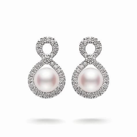 Mikimoto 18ct White Gold Diamond White Akoya Pearl Infinity Earrings