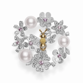 Mikimoto 18ct White Gold Pink Sapphire Diamond Akoya Pearl Bee Brooch