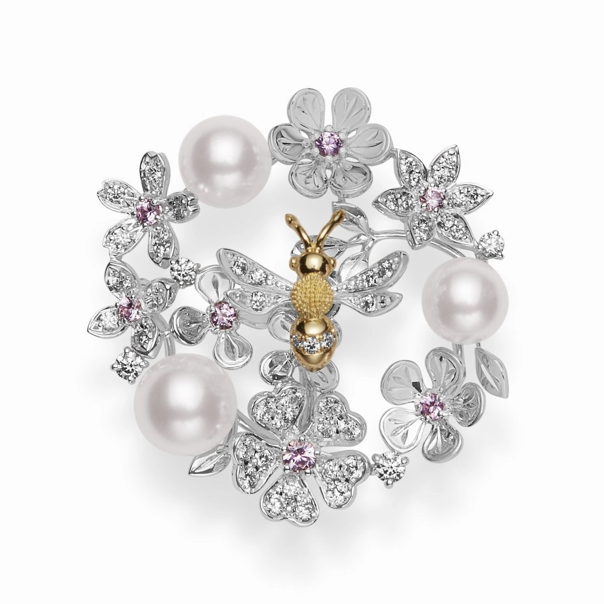 Mikimoto 18ct White Gold Pink Sapphire Diamond Akoya Pearl Bee Brooch