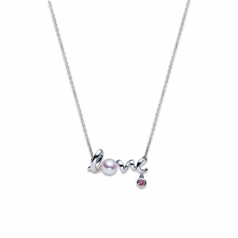Mikimoto 18ct White Gold White Akoya Pearl and Diamond 'Love' Necklace