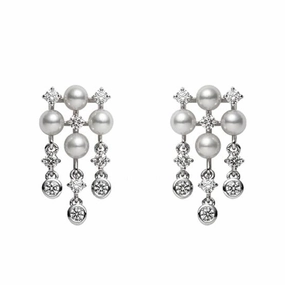 Mikimoto 18ct White Gold White Akoya Pearl Diamond Chandelier Drop Earrings
