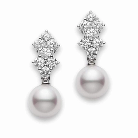 Mikimoto Classic Elegance 18ct White Gold Diamond White Akoya Pearl Drop Earrrings
