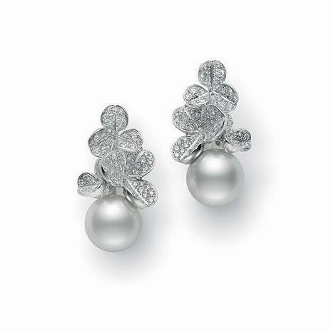 Mikimoto Fortune Leaves 18ct White Gold 12mm South Sea Pearl 1.20ct Diamond Earrings