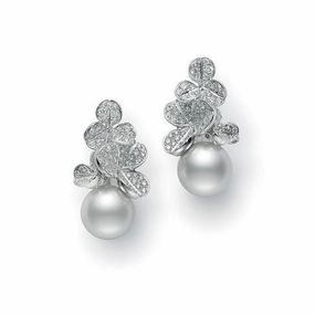 Mikimoto Fortune Leaves 18ct White Gold 12mm South Sea Pearl 1.20ct Diamond Earrings