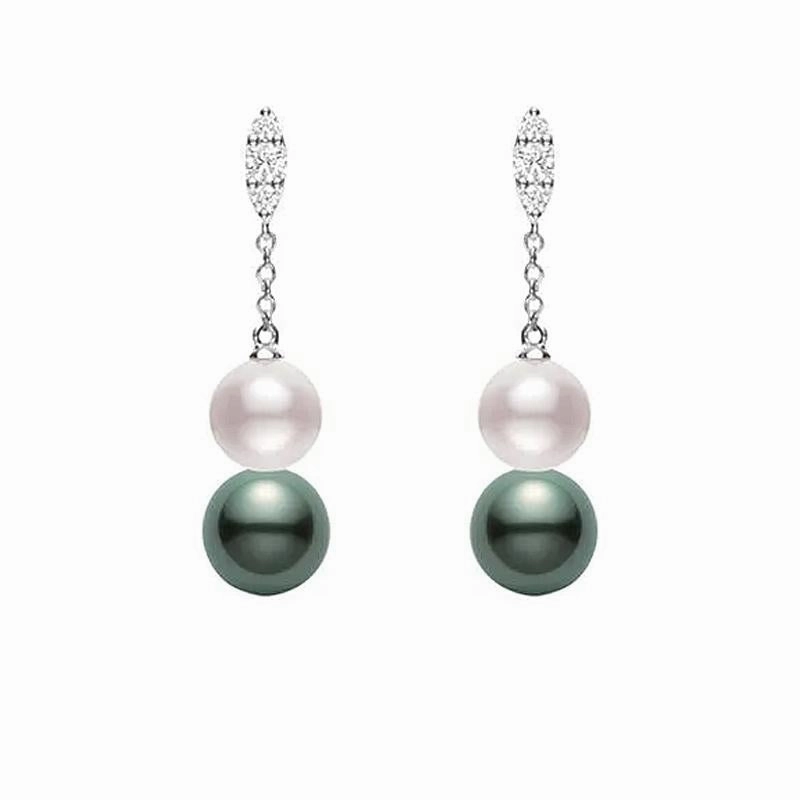 Mikimoto Morning Dew 18ct White Gold Diamond Black South Sea and Akoya Pearl Earrings
