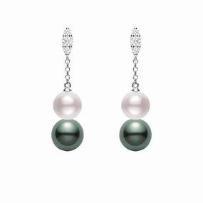 Mikimoto Morning Dew 18ct White Gold Diamond Black South Sea and Akoya Pearl Earrings