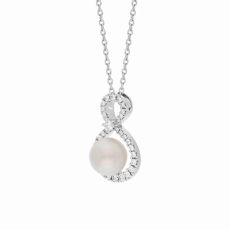 Mikimoto Ruyi 18ct White Gold 0.21ct Diamond 8mm White Akoya Pearl Necklace