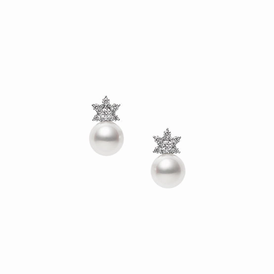 Mikimoto Star 18ct White Gold Diamond 8mm White Akoya Pearl Earrings