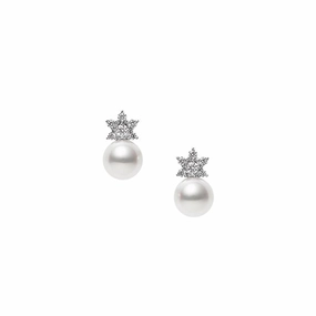 Mikimoto Star 18ct White Gold Diamond 8mm White Akoya Pearl Earrings