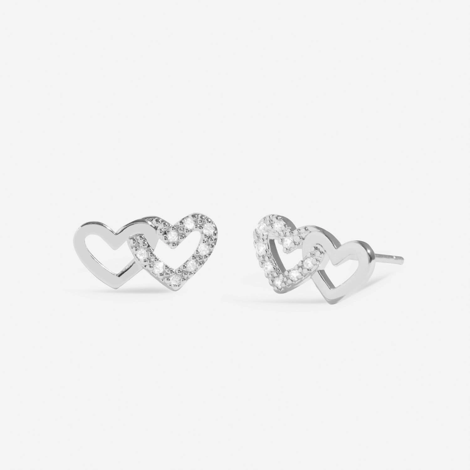 Mini Charms Pave Linked Hearts Silver Plated Earrings 7647