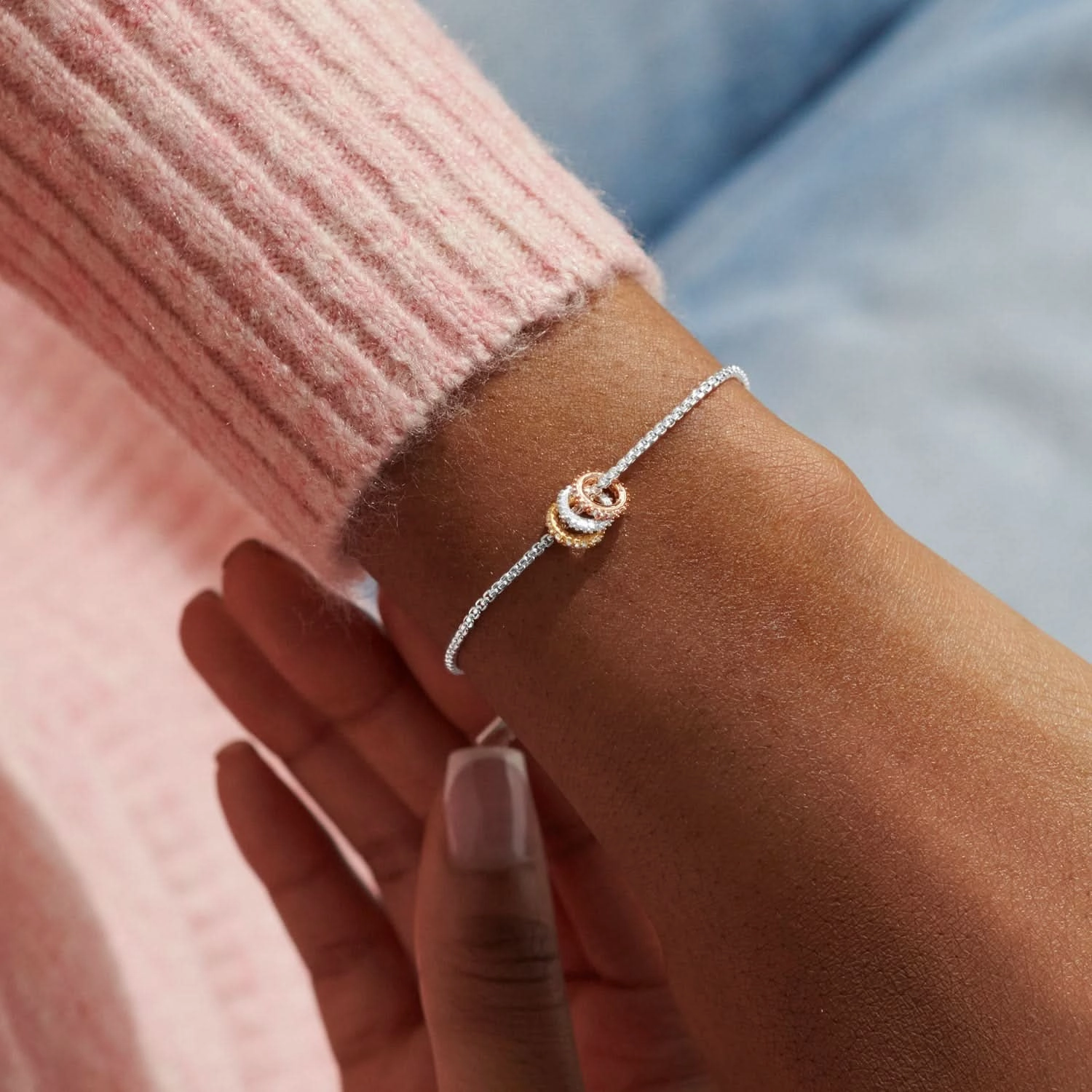 Mini Charms Three Tone Pave Silver Gold Rose Gold Plated Bracelet 7643