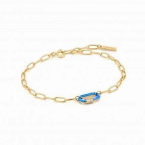 Neon Blue Enamel Carabiner Gold Bracelet B040-01G-NB