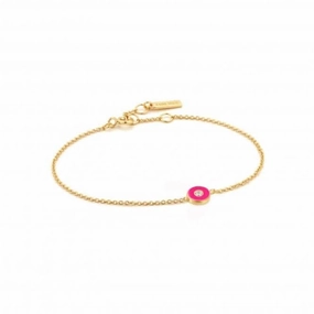 Neon Pink Enamel Disc Gold Bracelet B040-02G-NP