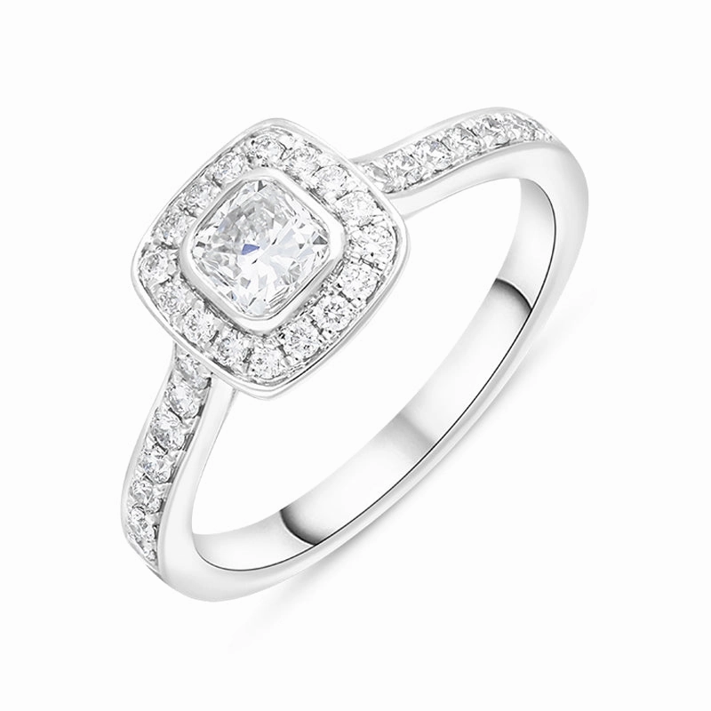 Platinum 0.66ct Diamond Cushion Cut Shoulder Set Cluster Ring