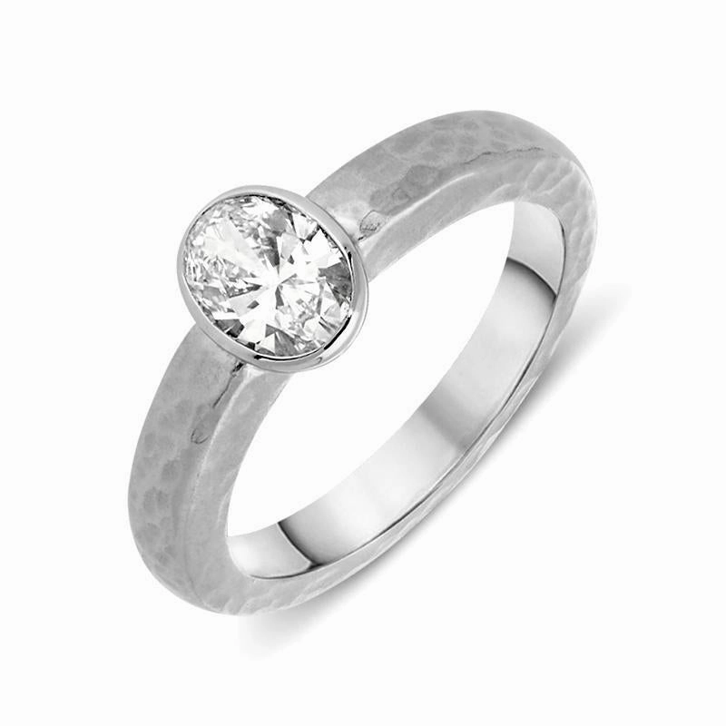 Platinum 0.75ct Diamond Oval Cut Hammered Ring